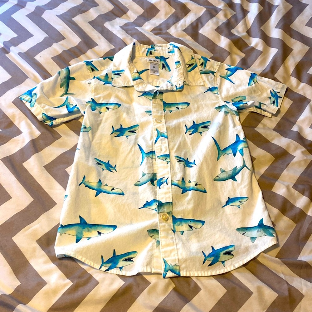 Short Sleeve White Button Down Shirt- Shark Print